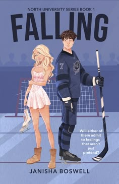 a book cover for falling by janisha bossell with an illustration of a hockey player and a blonde girl