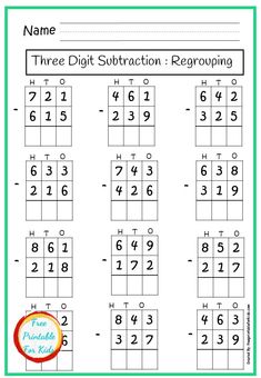 three digit subtraction worksheet with numbers to 10 and the same number