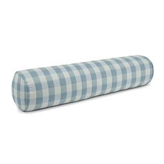 a blue and white checkered roll pillow