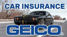 a black car driving down a road with the words car insurance geico on it