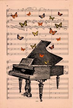 an old piano with butterflies flying over it