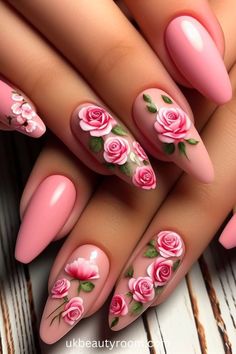 Pink is a sought-after nail color for its versatility across various occasions and skin tones. This post offers 21 diverse pink nail ideas, featuring delicate florals and a spectrum from light to vibrant shades. Explore options like sparkle, matte, glitter, and high gloss, perfect for different nail types and styles including almond, square, and acrylic Pink Nails With Roses, Rosy Pink Nails, Nails With Roses, Rose Gold Nails Glitter, Pink Nail Ideas, Firework Nails, Bright Pink Nails, Disney Acrylic Nails, Popular Nail Colors