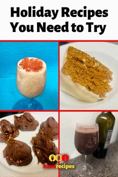 four pictures with different types of food and drinks on them, including cake, ice cream, milkshake