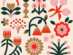 an assortment of flowers and plants are depicted in this graphic art work, including the stylized design