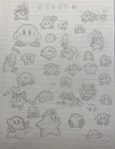 a sheet of paper with some drawings on it, including mario and other cartoon characters