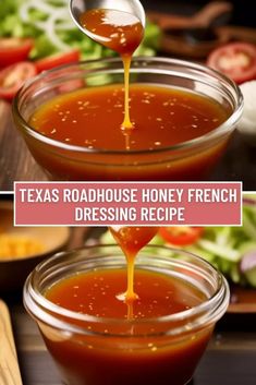 a spoon pouring honey into a bowl filled with dressing