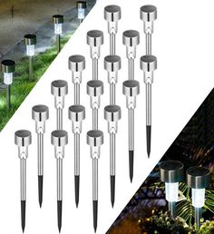 10 pack solar powered garden lights in the grass and next to it is an image of a