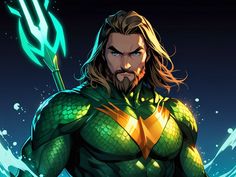 the aqua man is holding a spear in his hand