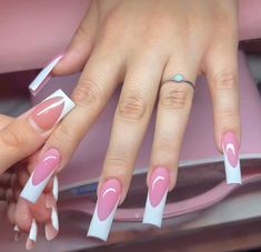 White On Pink Nails, Pink And White Medium Nails, French Tip Rectangle Nails, Pink Acrylic With White French Tip, White French Tips With Pink Base, White On Pink French Tip, Classy French Tip Nails Sparkle, Cute Long French Tip Nails, Ombre And French Tip Nails