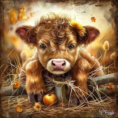 a painting of a baby cow laying on top of hay with fall leaves around it