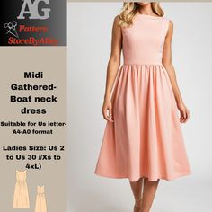 a woman in a dress with the text mid - gaithered boat neck dress