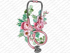 a stethoscope with pink flowers and green leaves on it, in the shape of a heart