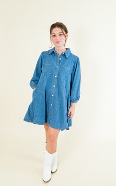 Collared Pockets at bust and side Long sleeves with elastic cuffs Lightweight Non-sheer 100% Cotton SIZES: SMALL MEDIUM LARGE Game day or concert, this denim dress has got your back. Featuring a full button-up front and long sleeves, this mini dress is perfect for any fall event. Pair with boots and a hat for a country vibe, or sneakers for a sporty look. SIZE XS S M L XL 2XL 3XL FITS A SIZE 00-0 2-4 6-8 10-12 14-16 18-20 22-24 Denim Dress With Boots, Country Vibe, Capsule Closet, Platform Heels Boots, Fall Events, Sandal Platform, Blue And White Dress, Button Up Long Sleeve, Got Your Back