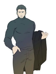 a drawing of a man standing with his hands on his hips and wearing a black shirt