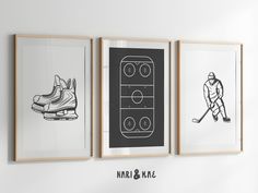 three black and white pictures hanging on the wall next to each other, with a hockey goal