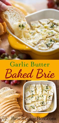 garlic butter baked brie in a yellow bowl with crackers and bread on the side