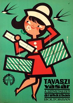 an old poster with a woman carrying boxes