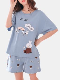 Cute Cartoon Print Short Sleeve Loose Two Piece Pajama Set for Women      Color: Other,Light Blue,Grey,Yellow  Fit Type: Loose Fit  Material: Cotton,Polyester  Neckline: Round Neck    Pattern Type: Cartoon  Season: Summer  Sleeve: Short Sleeve  Style: Cute,Casual,Cartoon       Precise details:  Description:   Color:Light Blue,Grey,Yellow,Navy    Fit Type:Loose Fit  Material:Cotton,Polyester  Neckline:Round Neck  Pattern Type:Cartoon  Season:Summer  Sleeve:Short Sleeve  Style:Cute,Casual,Cartoon      Package Included:  1*Top  1*Shorts       Style Cute,Casual,Cartoon Material Cotton,Polyester Sleeve Short Sleeve Pattern Type Cartoon Color Light Blue,Grey,Yellow,Navy Season Summer Neckline Round Neck Fit Type Loose Fit Cute Nightwear, Two Piece Pajama Set, Night Suit For Women, Pijamas Women, Yellow Fits, Cute Sleepwear, Cute Pajama Sets, Night Dress For Women, Cute Pajamas