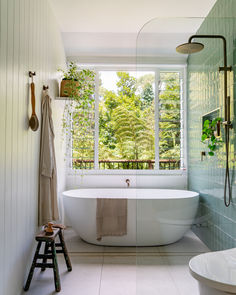 a white bath tub sitting in a bathroom next to a window with plants on it