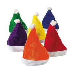 Are you tired of the traditional red and white Santa hats? Regular Santa hats can be a bit boring. But look no further than this assortment of one dozen Colorful Santa Hats, including red. Each hat has a 24" circumference and is 14" from opening to the tip, but may run small. Make it a brightly colored Christmas! These are great Christmas party favors and Christmas stocking stuffers as well. Polyester. 3rd Grade Holiday Party, Jog A Thon, Mrs Claus Costume, Caroling Party, Elf Costumes, Purple Santa, School Holiday Party, Santa Cap, Kindergarten Christmas