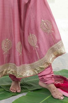 Light pink anarkali with floral, dori, sequin embroidery on the bodice and mandala buttis above hemline, elevated with embroidered hem. Paired with a churidar. - Aza Fashions Light Pink Anarkali, Chanderi Anarkali, Floral Anarkali, Pajamas Silk, Anarkali Churidar, Pink Anarkali, Embroidered Hem, Women Kurta, Floral Pajamas