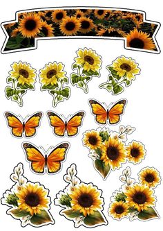 sunflowers and butterflies are arranged in the shape of stickers on a white background