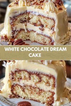 two pictures of a white chocolate cake with pecans on top and the same piece cut in half