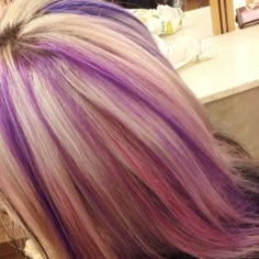 Purple Highlights With Blonde Hair, Chunky Purple Highlights On Blonde Hair, Blonde With Pink And Purple Highlights, Pink And Purple Streaks In Blonde Hair, Purple And Pink Hair Highlights, Blonde Purple Highlights, Purple Hair Highlights Blonde, Blonde Hair With Color Streaks, Blonde Hair Purple Highlights