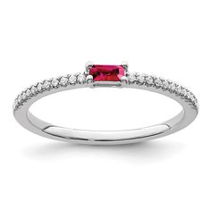 Million Charms 14k White Gold Polished Ruby (July Birthstone) And Diamond Ring (Size 7), 1.33 Grams Metal Weight. Fine Jewelry Rings, Rings With Stones Birthstone Rings, July Gemstone Diamond Core Gold 14k, Stone Type-1: Ruby, Stone Type-2: Diamond, Stone Color-1: Red, Stone Quantity-1: 1, Stone Quantity-2: 22, Plating: Rhodium, Band Width: 1.5 Mm, Stone Weight-1: 0.09 Ct, Stone Weight-2: 0.0035 Ct, Stone Clarity-2: I2 (A), Feature: Open Back, Casted, Sizeable: Yes, Stone Shape-1: Baguette, Ston Ruby Diamond Ring, Real Diamond Rings, Ruby Diamond Rings, July Birthstone Jewelry, Ruby Stone, Rose Gold Metal, July Birthstone, Ruby Diamond, Elegant Ring