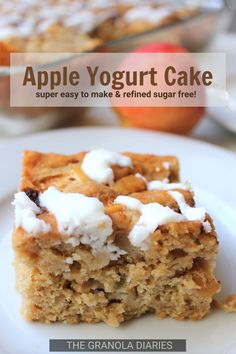 an apple yogurt cake on a plate with the title overlaying it