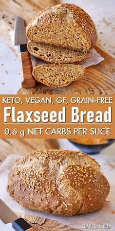 two loaves of bread on a cutting board with the text keto vegan gf grain free flaxseed bread