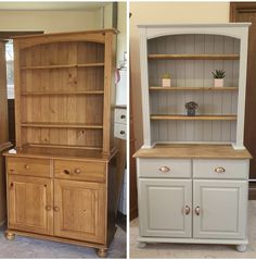 two pictures side by side one has a hutch and the other has a cupboard