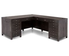 an l shaped desk with drawers on each side and one drawer at the top, in dark wood