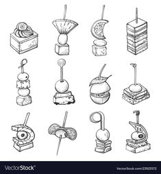 different types of desserts and pastries in black and white ink on a white background