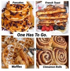 four different types of french toast and waffles