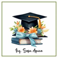 a graduation card with an image of a mortar cap on top of books and flowers