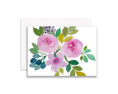 a card with pink flowers and green leaves