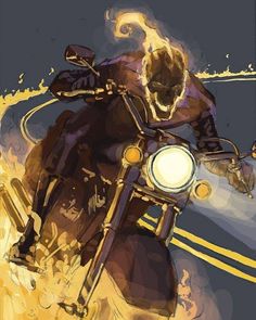 a painting of a man riding on the back of a motorcycle with flames coming out of it