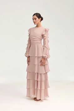 Renad Tiered Chiffon Maxi Dress - Jasmine Pink Modest Designer Dresses, Hijabi Bridesmaid Dresses, Farewell Dress, Chic Evening Dress, Pink Long Dress