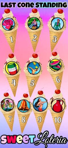 an ice cream cone with numbers and pictures on the top, in front of a pink background