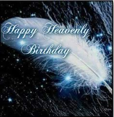 a happy birthday card with an image of a feather and stars in the sky behind it