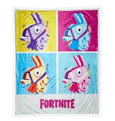 a towel with four different pictures of fish on it and the words fortte written in red