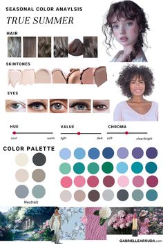 learn the basics of seasonal color analysis, the 12 seasons color palette, true summer / cool summer colors, aesthetics, and more Palette Summer Cool, True Summer Eyes, Hair Color For Light Summer Skin Tone, Soft Summer Color Palette Hair, Soft Winter Color Palette, Warm Summer Color Palette, Undertones Hair, Summer Seasonal Color Palette