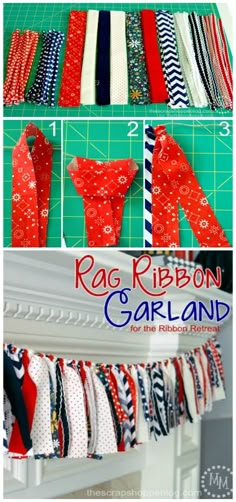 the instructions for how to make a rag ribbon garland with fabric strips and ties on it