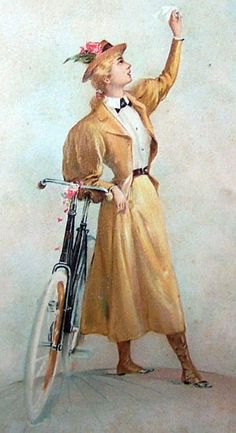 a painting of a woman standing next to a bicycle with a bird on her head