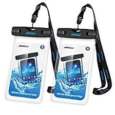 two waterproof bags with lanyards attached to the handles, one holding an electronic device