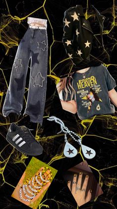 an assortment of clothing and accessories on a black background