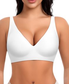 PRICES MAY VARY. Deep V Wireless Bras - Deep V design can gather and lift your breasts, show the breast line and your sexy cleavage. Made from 55% Nylon & 45% Spandex, no underwire, our women bra is soft, smooth, stretch and comfortable, breathable and no odor. Our wirefree seamless bra hug your body gently, no restraint. An everyday bras that is comfy to wear it all day Supportive Bras for Women - Featuring with jelly stripes and 3D cup shape support design, soft and powerful. Our no underwire Supportive Bras, Underwire Bras, Bra Extender, V Design, Wireless Bras, Women Bra, Minimiser Bra, Nude Bra, White Bras