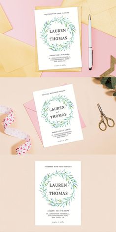 the wedding stationery is laid out on a table with scissors, tape and other items