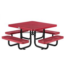 a red picnic table with four benches on each side and one bench at the end